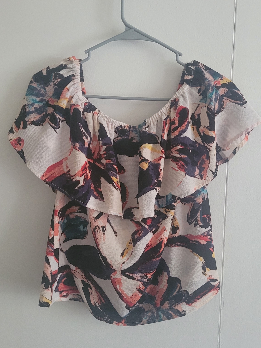 Bar III Floral Off-Shoulder Ruffle Blouse - Pink, Black, Teal